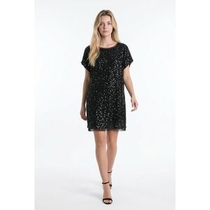 Armani Collezioni Black Sequin Shift Dress Womens 8 Cocktail Evening Cap Sleeve
